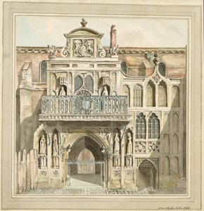 Den gamla fasaden på Guildhall, City of London, 1788 (bläck och text)